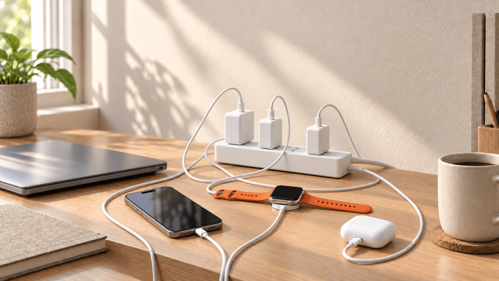 Escritorio desordenado con tres cargadores distintos y cables enredados