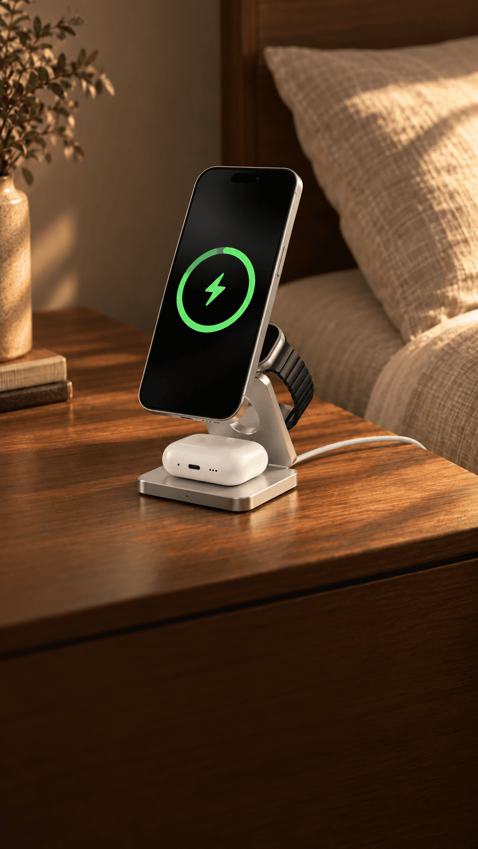 Cargador plegable 3 en 1 gris sobre un velador, cargando a la vez un celular, un reloj inteligente y un estuche de audífonos
