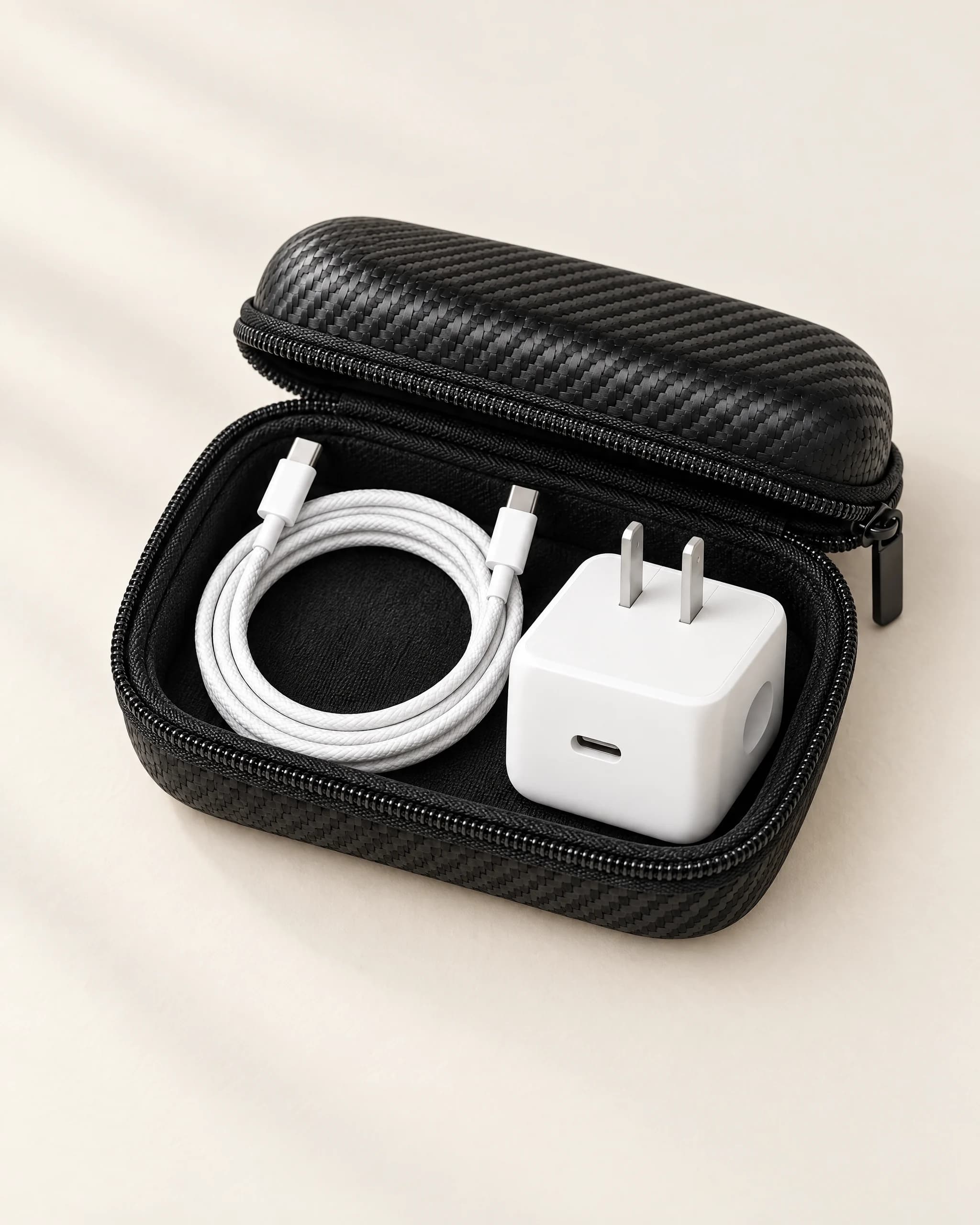 Estuche de viaje negro abierto con un cubo de carga y un cable trenzado