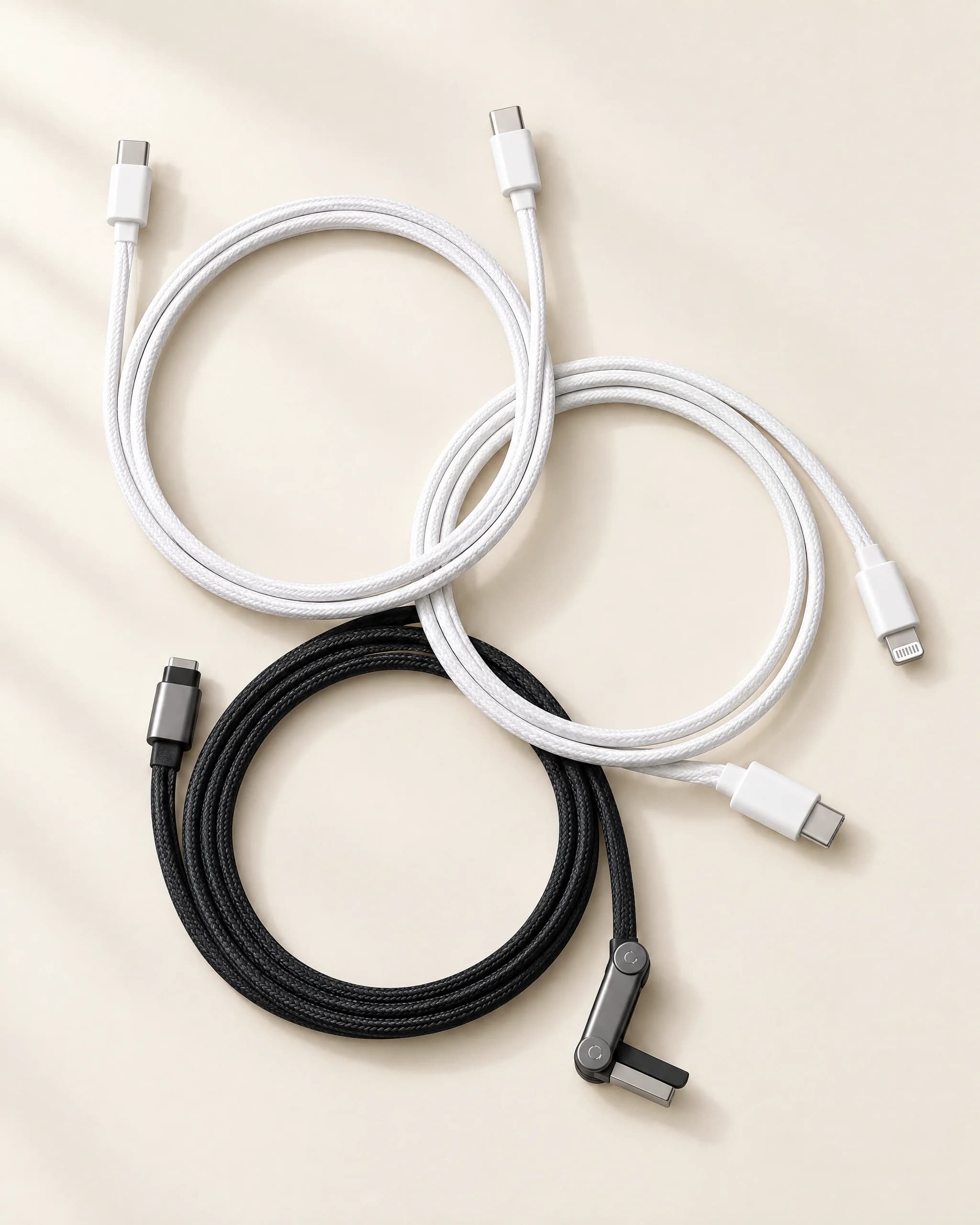 Cables trenzados USB-C blancos y un cable plano negro de 240W con soporte