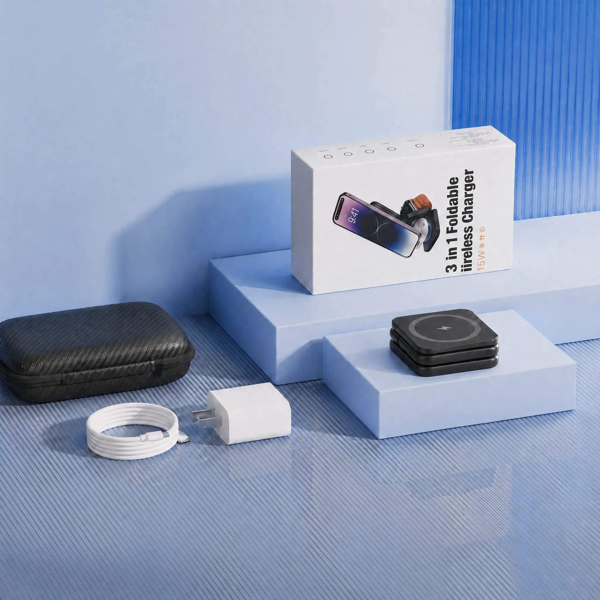 Caja del cargador plegable 3 en 1 negro con su contenido