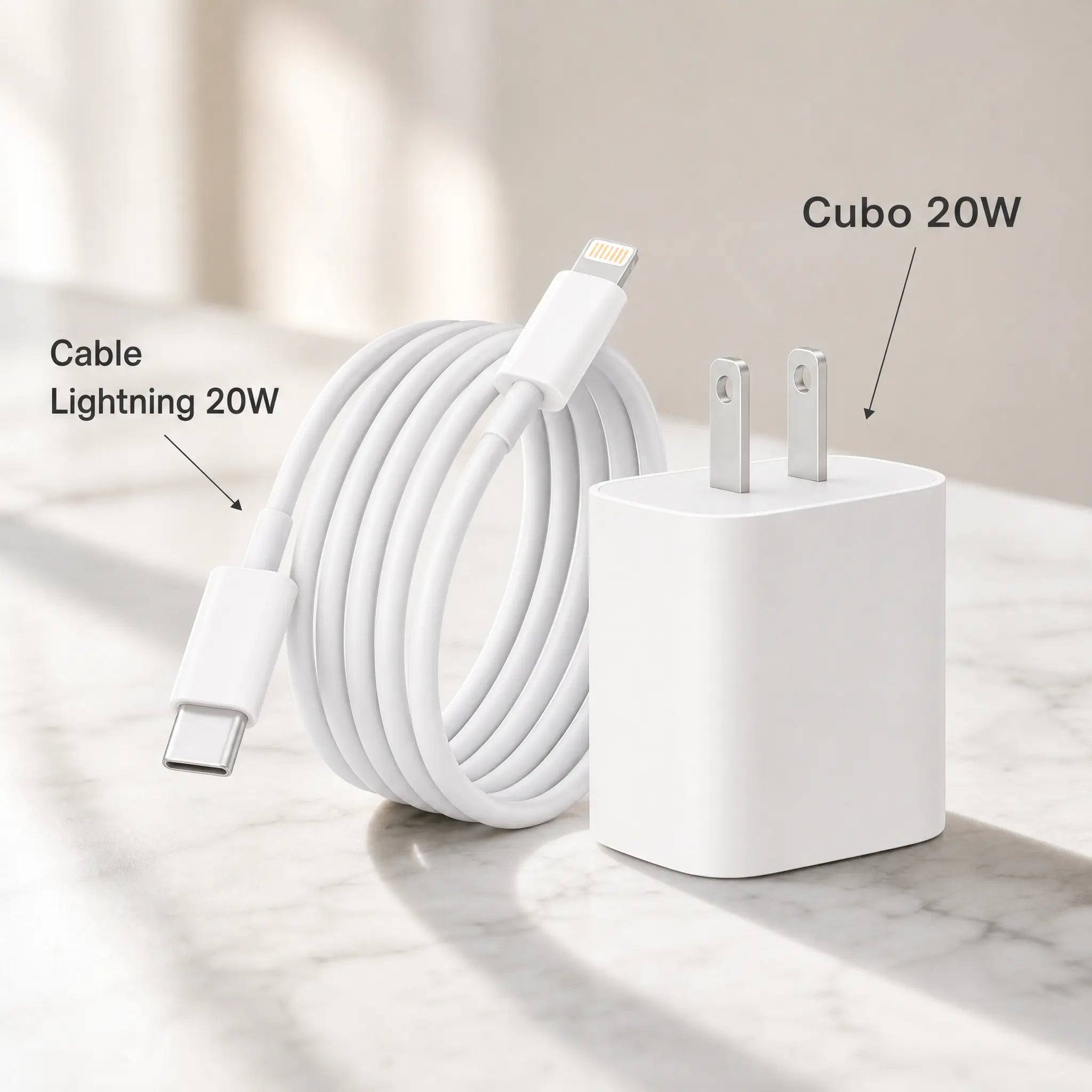 Kit Cargador iPhone 20W Lightning · Cubo + Cable