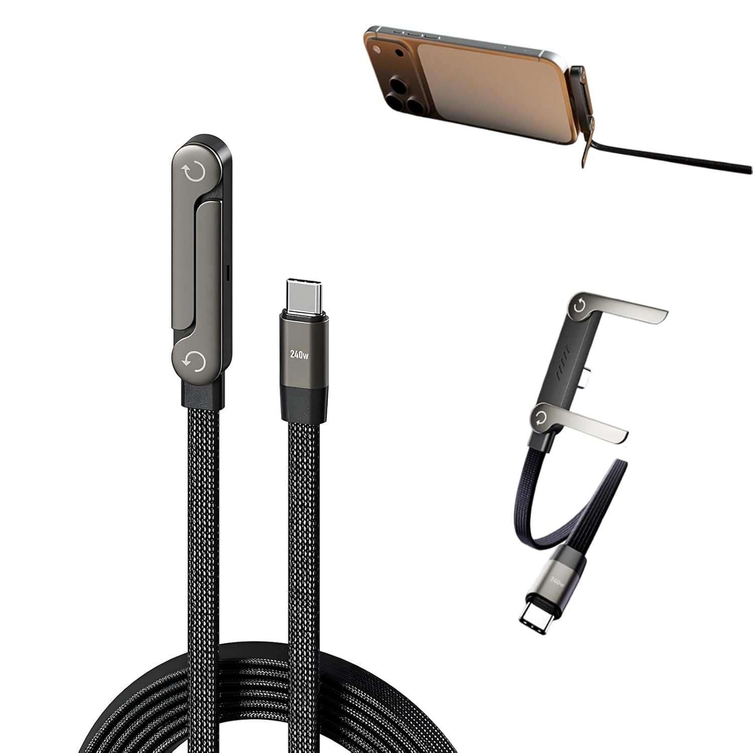 Cable USB tipo C de carga rápida de 240 W con soporte para teléfono integrado.