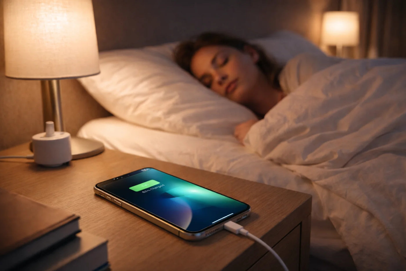 Cubo 20W cargando smartphone en la mesa de noche