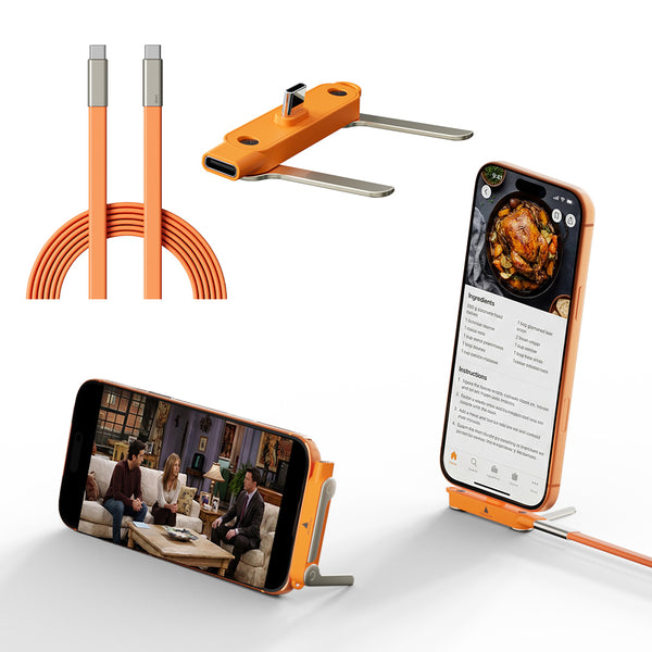 Cable de 240W con Adaptador, Cable Multi-Cargador con Soporte Multiángulo Ajustable Tipo C, Cable de 1.5M/5FT con Chip E-Mark - Naranja