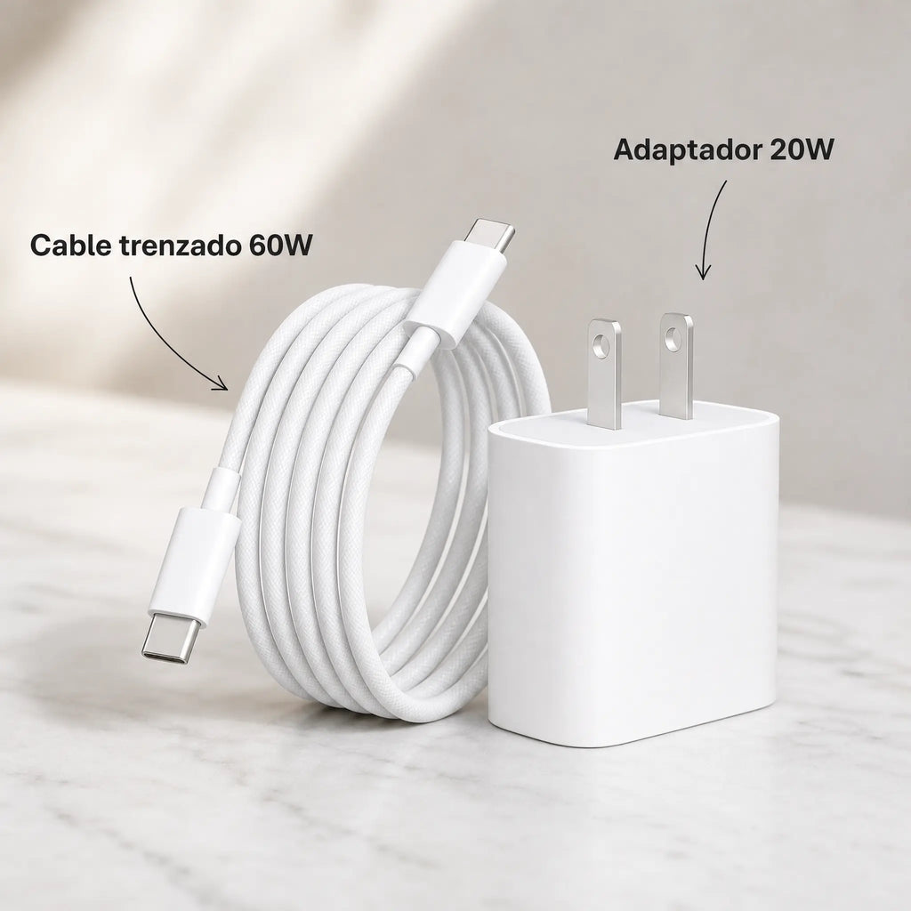 Kit Cargador iPhone · Cubo 20W USB-C + Cable Trenzado 60W