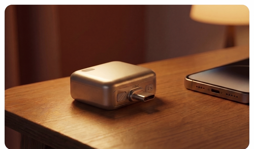 Adaptador USB-C de aluminio sobre un escritorio junto a un iPhone