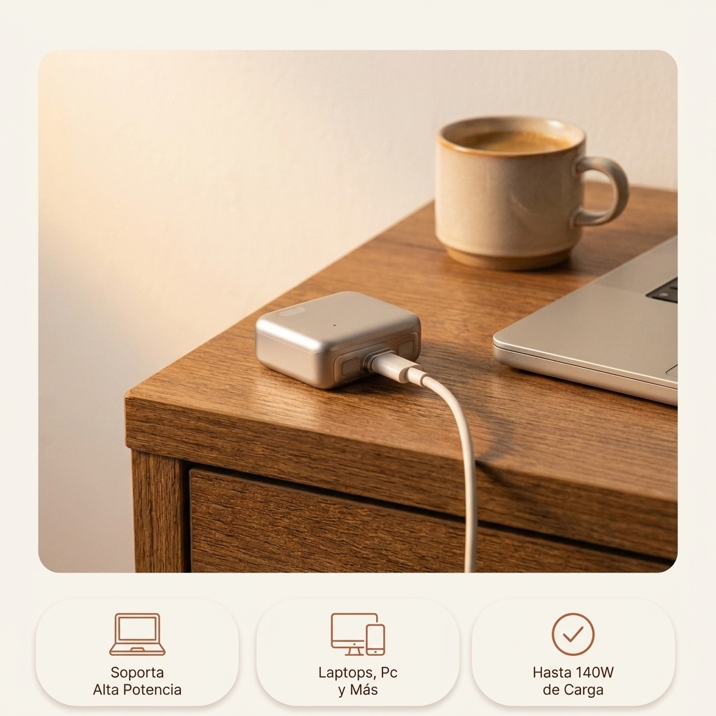 Adaptador conectado a una laptop: soporta alta potencia hasta 140W