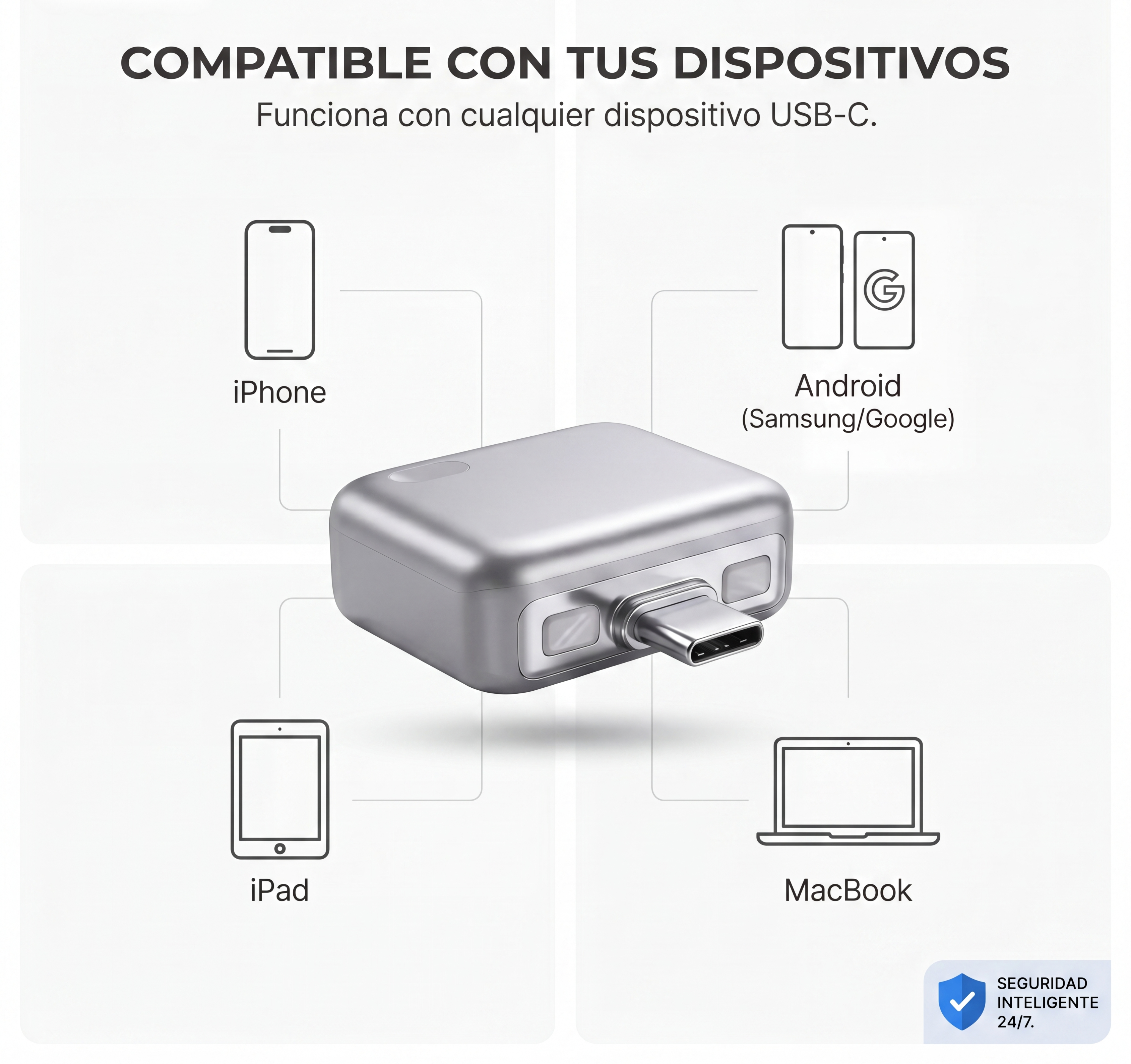 Compatible con iPhone, Android, iPad y MacBook vía USB-C