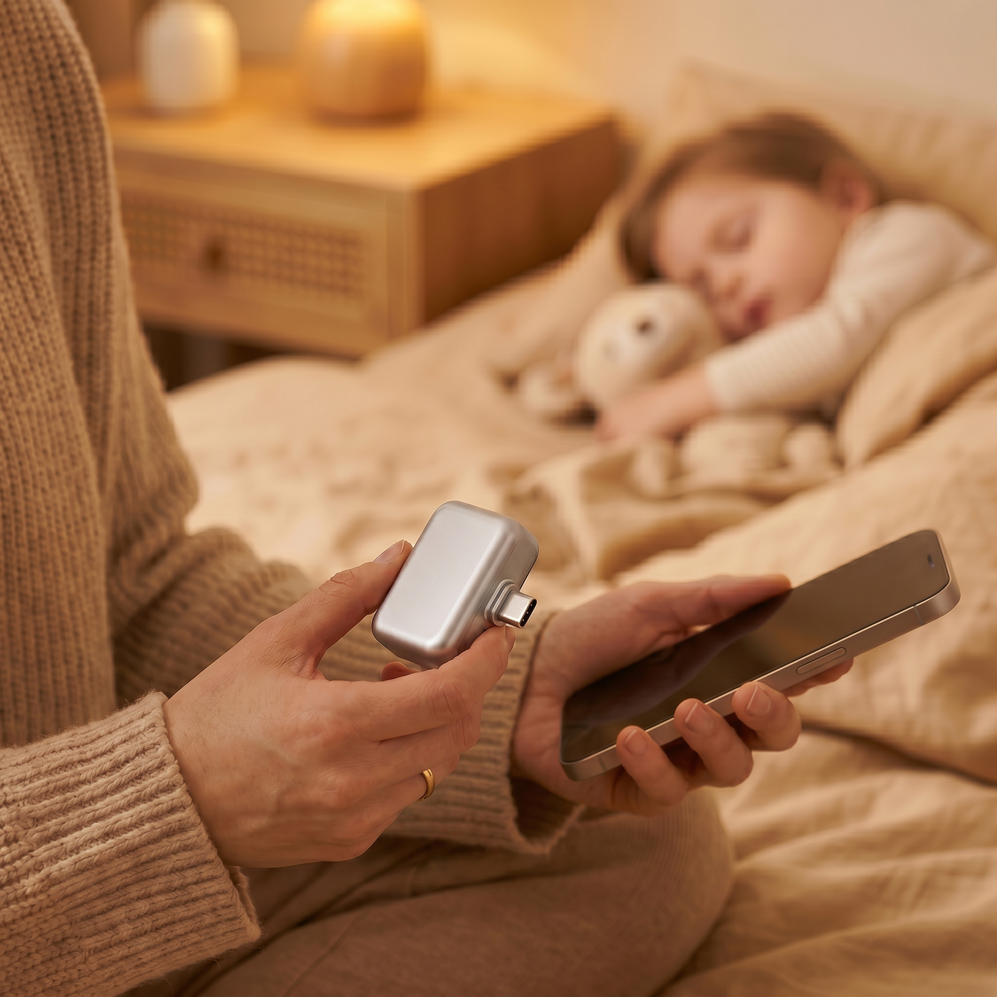 Madre revisa su teléfono con el adaptador mientras su hija duerme